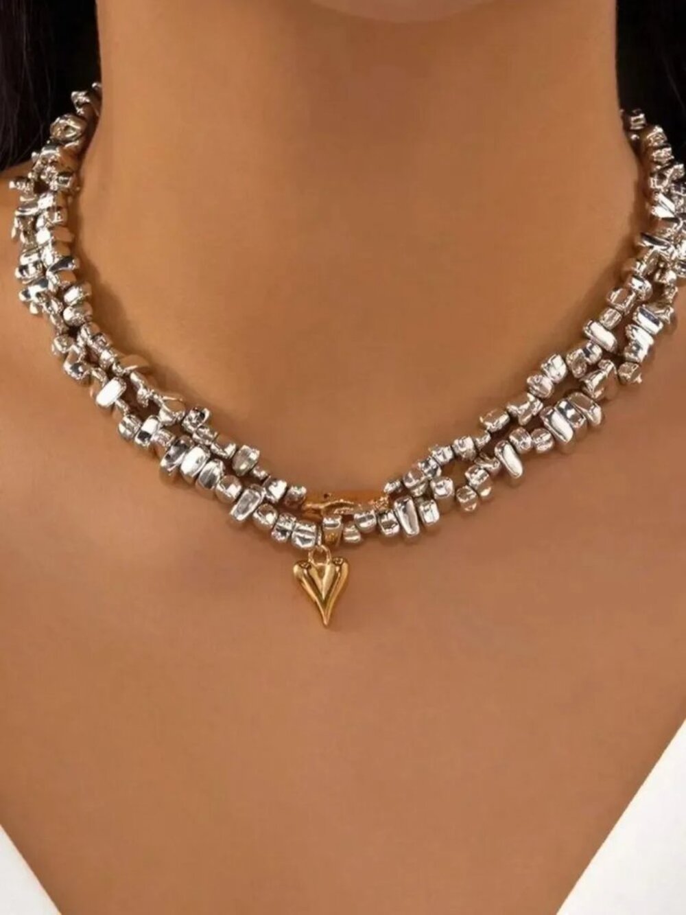 Silver beaded necklace with Gold Heart Charm R772